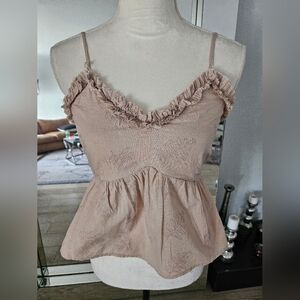 Japna Boho Babydoll Cami Top Small Nude Taupe Embroidered Ruffle Peplum